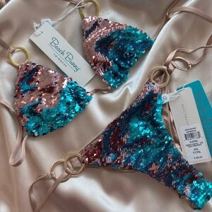 Beach bunny siren song blue pink sequin bikini triangle swimsuit S XS